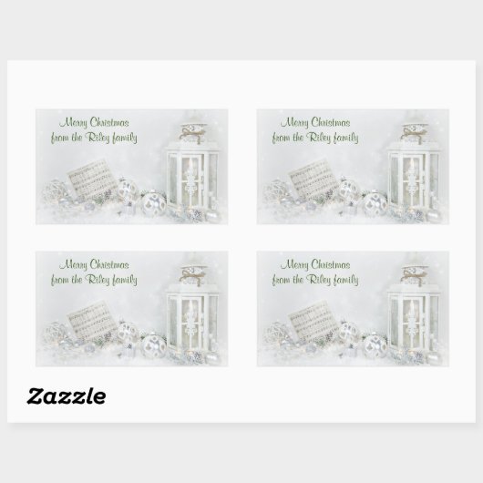 雪の中のオーナメント付きクリスマスホワイトランタン 長方形シール (シート)