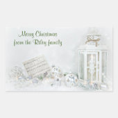 雪の中のオーナメント付きクリスマスホワイトランタン 長方形シール (正面)