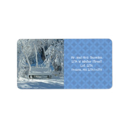 雪の中のガーデンベンチ/青いパターン/冬/ ラベル