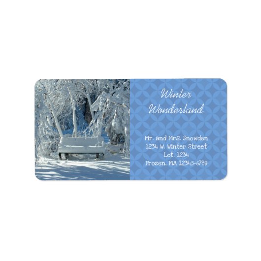 雪の中のガーデンベンチ/青いパターン/冬/ ラベル (正面)