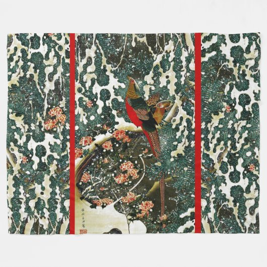 雪の中のキジ、松の木、バラ、日本のフローラ フリースブランケット (正面(横))