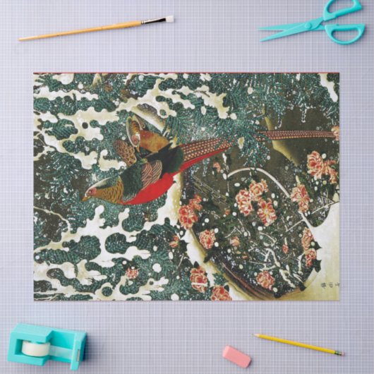 雪の中のキジ、松の木、バラ、日本のフローラ 薄葉紙 (クラフト)