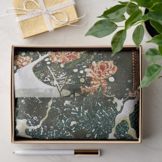 雪の中のキジ、松の木、バラ、日本のフローラ 薄葉紙 (ギフト)