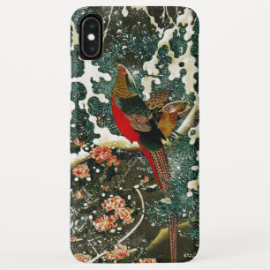 雪の中のキジ、松の木、バラ、日本のフローラ iPhone XS MAXケース
