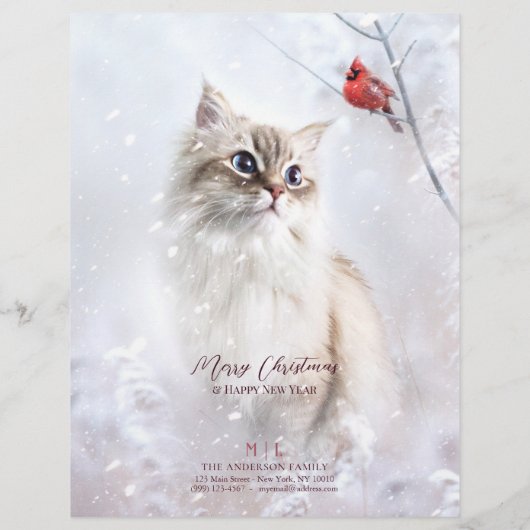 雪の中のキッテンと赤の（鳥）ショウジョウコウカンチョウ- 8.5x11インチ文房具 レターヘッド (裏面)