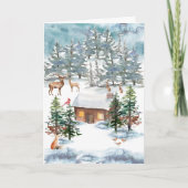 "雪の中のキャビン"水の色アートクリスマス シーズンカード (正面)