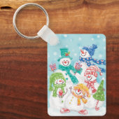 雪の中のキュートなクリスマススノーマンファミリー キーホルダー (正面)