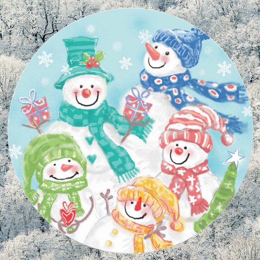 雪の中のキュートなクリスマススノーマンファミリー ラウンドシール