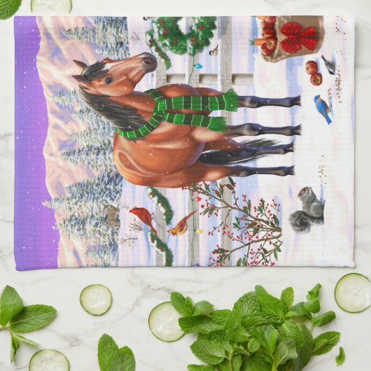 雪の中のクリスマスの馬 キッチンタオル (折り畳み)