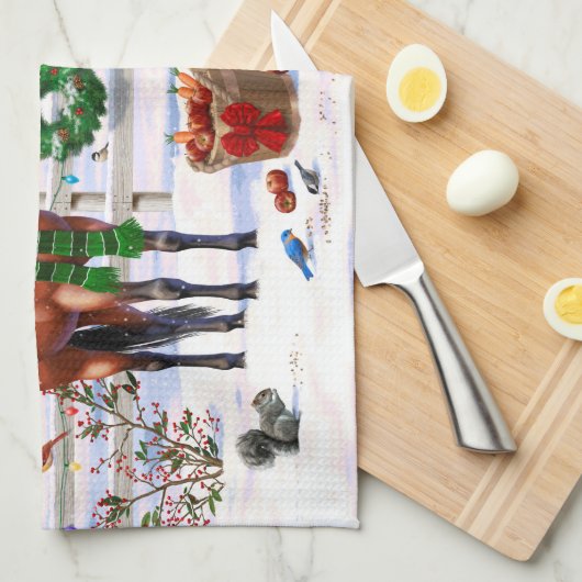 雪の中のクリスマスの馬 キッチンタオル (四つ折り)