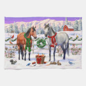雪の中のクリスマスの馬 キッチンタオル (横)