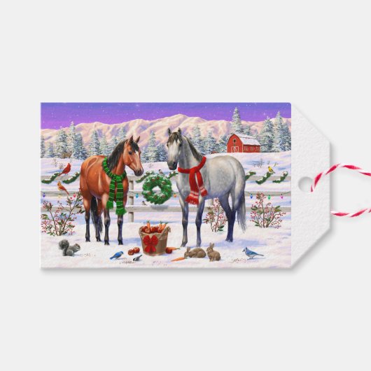 雪の中のクリスマスの馬 ギフトタグ (正面(横))