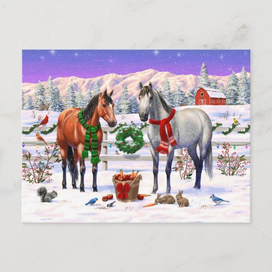 雪の中のクリスマスの馬 シーズンポストカード (正面)