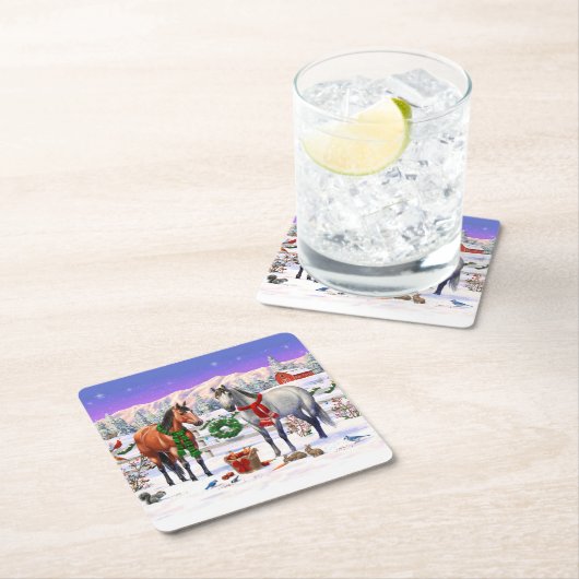 雪の中のクリスマスの馬 スクエアペーパーコースター (インサイチュ)