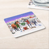 雪の中のクリスマスの馬 スクエアペーパーコースター (アングル)