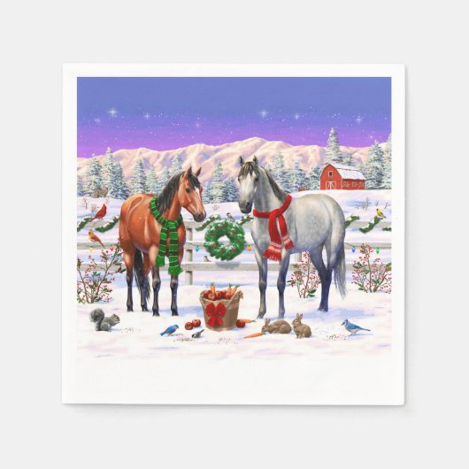 雪の中のクリスマスの馬 スタンダードカクテルナプキン (正面)