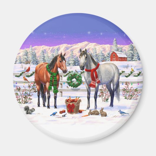 雪の中のクリスマスの馬 マグネット (正面)