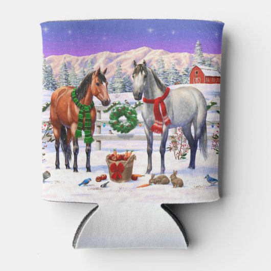 雪の中のクリスマスの馬 缶クーラー (正面)