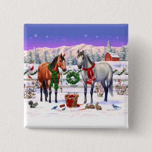 雪の中のクリスマスの馬 缶バッジ (正面)