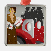 雪の中のクリスマスショッピング メタルオーナメント (正面)