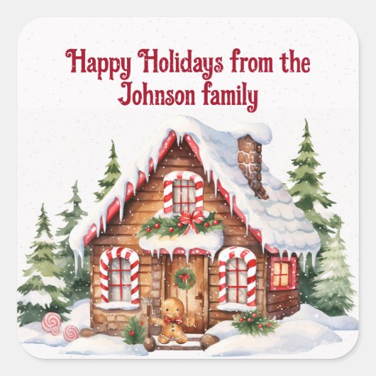 雪の中のクリスマスジンジャーブレッドハウス スクエアシール (正面)