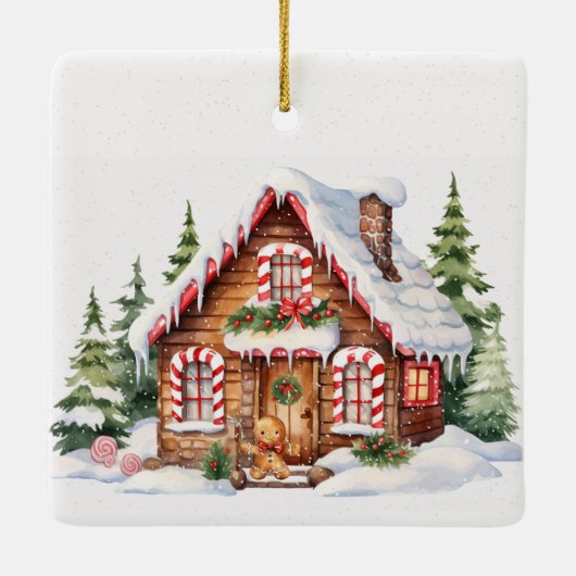 雪の中のクリスマスジンジャーブレッドハウス セラミックオーナメント (裏面)