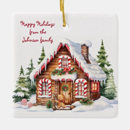 雪の中のクリスマスジンジャーブレッドハウス セラミックオーナメント (正面)