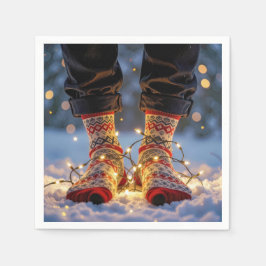 雪の中のクリスマスソックスとホリデーライト スタンダードカクテルナプキン