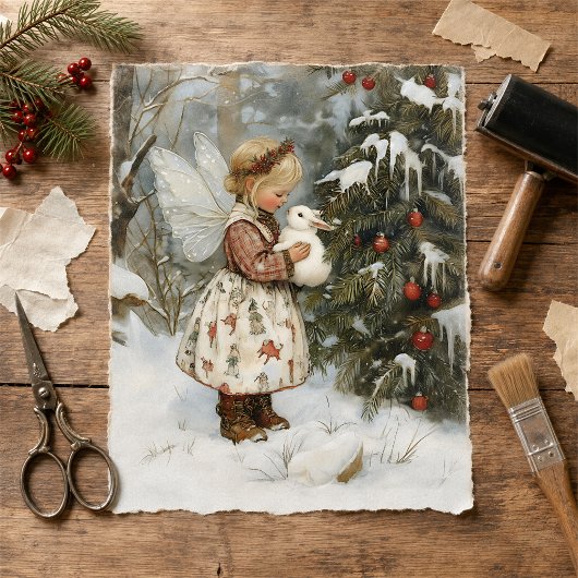 雪の中のクリスマスツリーのそばのヴィンテージの妖精とウサギ 薄葉紙