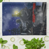 雪の中のクリスマストレイン キッチンタオル (折り畳み)