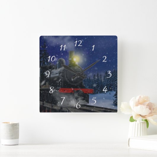 雪の中のクリスマストレイン スクエア壁時計 (ホーム)