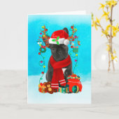 雪の中のクリスマスプレゼントを抱えたフレンチブルドッグ カード (黄色い花)