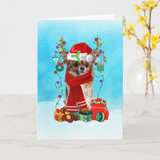 雪の中のクリスマスプレゼントを持つチワワ カード (黄色い花)