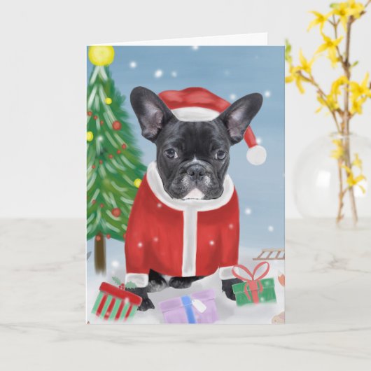 雪の中のクリスマスプレゼントを持つフレンチブルドッグ カード (黄色い花)