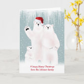 雪の中のクリスマスポーラーベアの家族 カード (黄色い花)