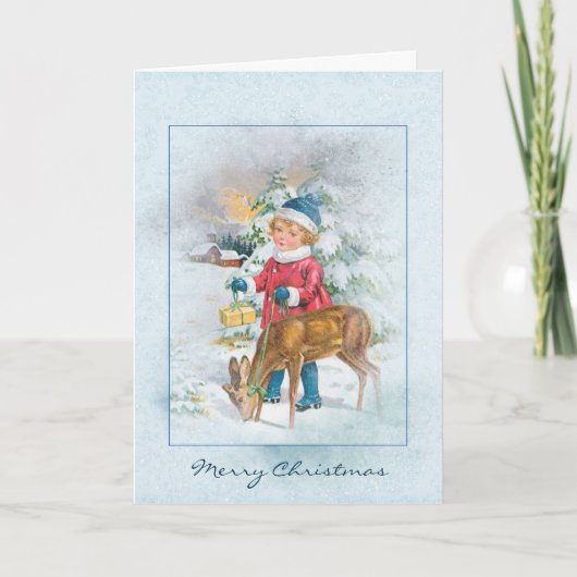 雪の中のクリスマスヴィンテージの子供と鹿 シーズンカード (正面)