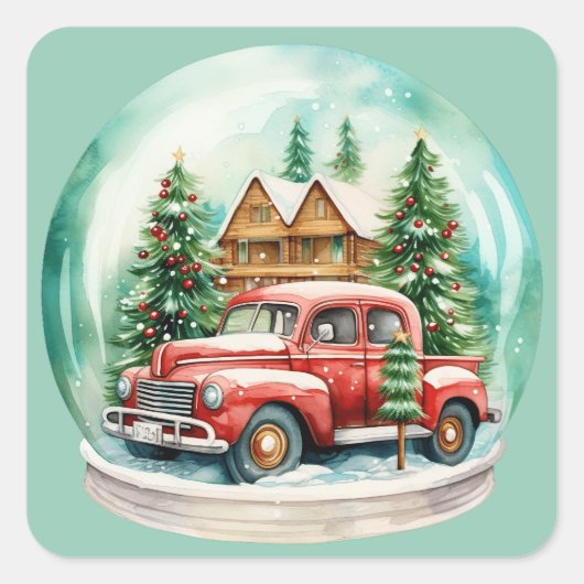 雪の中のクリスマスヴィンテージ赤いトラック スクエアシール (正面)