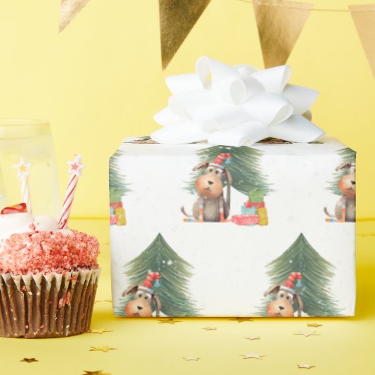 雪の中のクリスマス犬と松の木 ラッピングペーパー (誕生日パーティー)