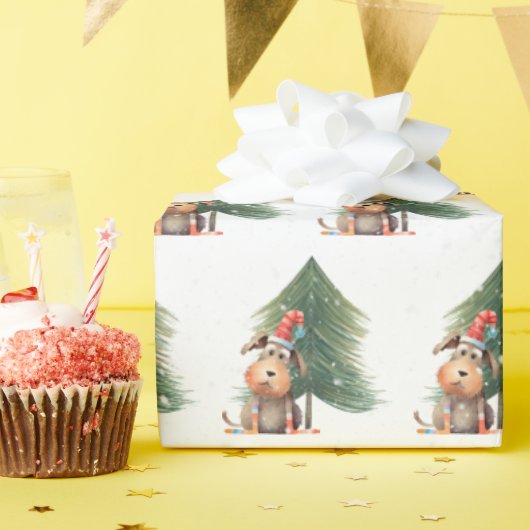 雪の中のクリスマス犬と松 ラッピングペーパー (誕生日パーティー)