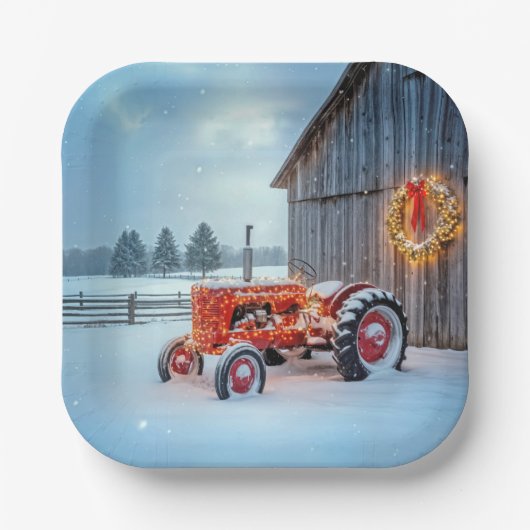 雪の中のクリスマス赤農場トラクター ペーパープレート (正面)