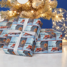 雪の中のクリスマス赤農場トラクター ラッピングペーパー