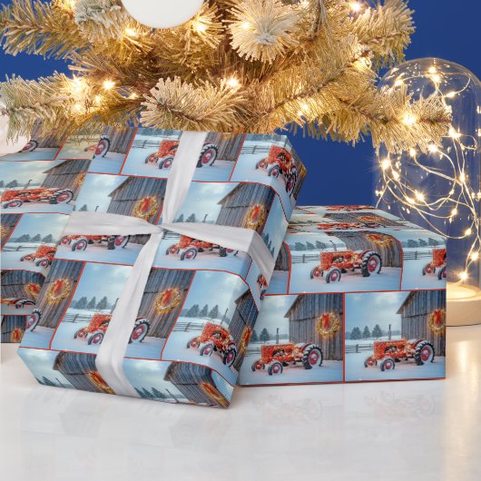 雪の中のクリスマス赤農場トラクター ラッピングペーパー (クリスマス)