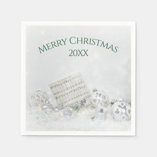 雪の中のクリスマス音楽とオーナメント スタンダードカクテルナプキン (正面)