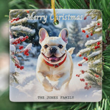 雪の中のクリーム色フレンチブルドッグ メリークリスマス
