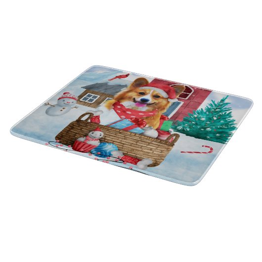 雪の中のコルギドッグクリスマスドッグハウス カッティングボード (角)