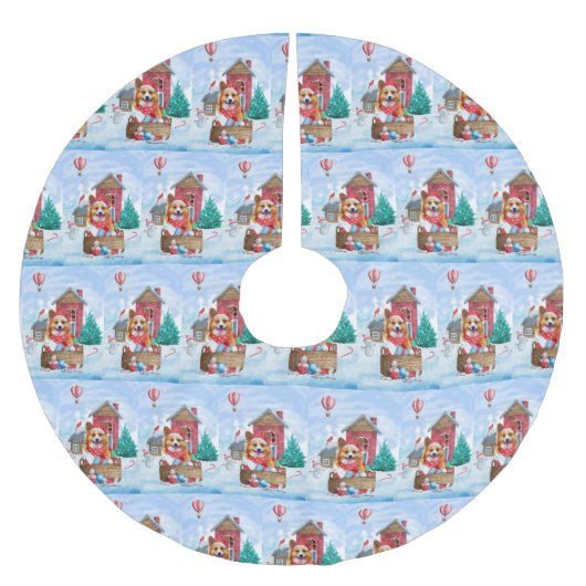 雪の中のコルギドッグクリスマスドッグハウス ブラッシュドポリエステルツリースカート (正面)