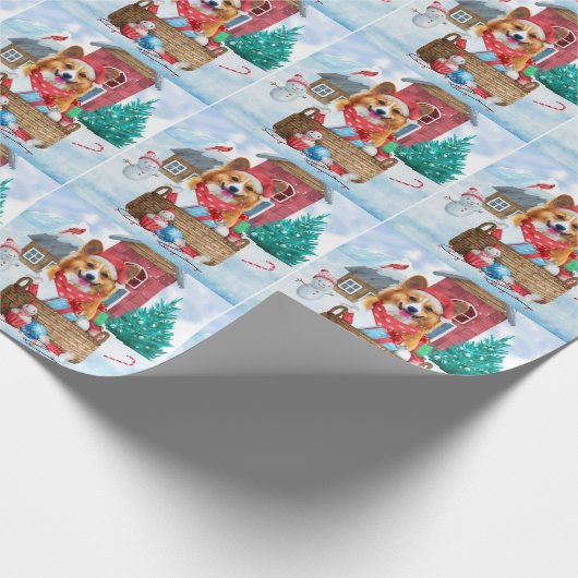雪の中のコルギドッグクリスマスドッグハウス ラッピングペーパー (角)