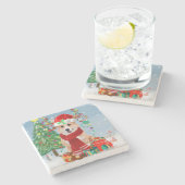 雪の中のコルギ犬とクリスマスプレゼント ストーンコースター (横)