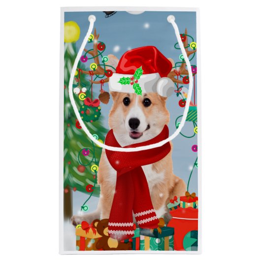 雪の中のコルギ犬とクリスマスプレゼント スモールペーパーバッグ (裏面)