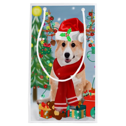 雪の中のコルギ犬とクリスマスプレゼント スモールペーパーバッグ (正面)